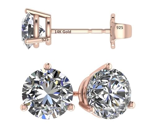 Image of 14K Gold Post & Sterling Silver Zirconia 3 Prong Martini Stud Earrings - Platinum Plated 7.50mm 3.00cttw