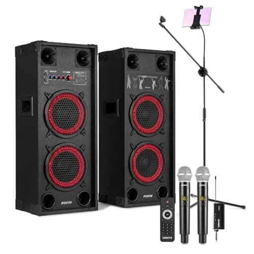 Image of Fenton SPK-208 Karaoke Machine Set with Two Wireless UHF Microphones, Adjustable Echo, Bluetooth Party Speakers & Tripod Mic Stand with Tablet Holder for Home Karaoke Setup