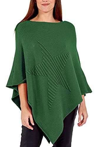 Image of STAR FASHION Womens Italian Knitted Lagenlook Star Poncho Top New Ladies Pattern Ribbed Star Asymmetric Hem Cape Shawl Soft Sweater One Size Jade Green