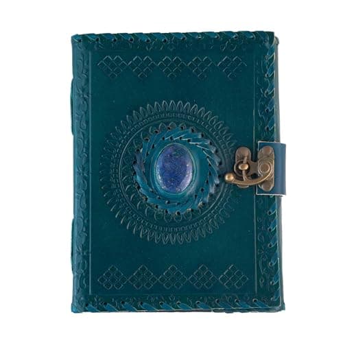 Image of Keskin Handmade Leather Grimoire Journal – Spell Book of Shadows for Witchcraft, Wicca, Witch Diary & Notebook – Vintage Blank Journal for Spells and Ritual Notes, 18 x 12 cm (Dark Teal with Stone)