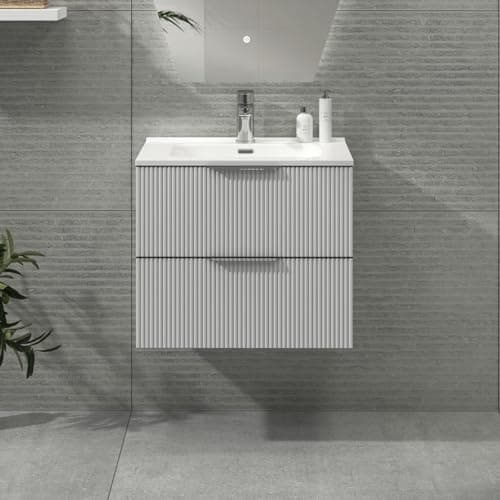 Image of Royal Bathrooms Evora 700mm Satin White Fluted Wall Hung Bathroom Vanity Unit 2 Drawer with Ceramic Basin & Chrome Handle