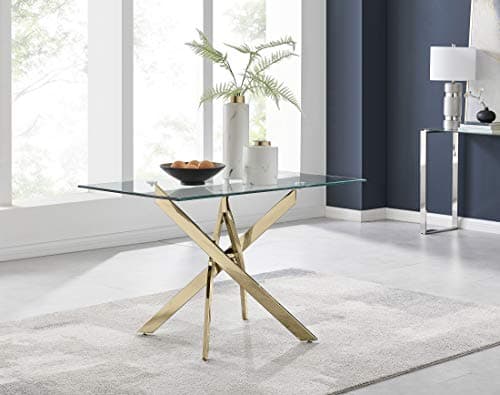 Image of Furniturebox UK Leonardo Rectangular Glass 4 Seater Dining Table with Gold Metal Starburst Legs Modern Minimalist Table