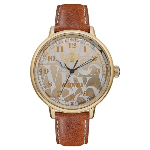 Image of Vivienne Westwood Cavendish 48mm Ladies Quartz Watch with Pale Gold Mirror Effect Dial and Brown Tan Leather Strap