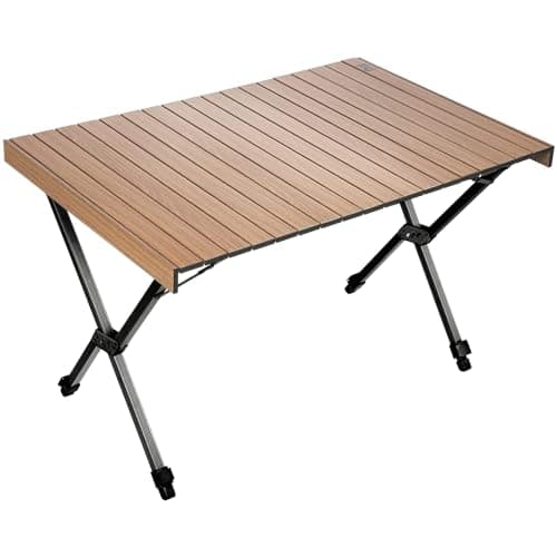 Image of TIMBER RIDGE Folding Camping Table Fold up Aluminum Foldable Portable, 108x71cm Roll up Picnic Table Support 100kg 4ft Height Adjustable 4-6 Person For Garden Outdoor BBQ Backyard (Brown)