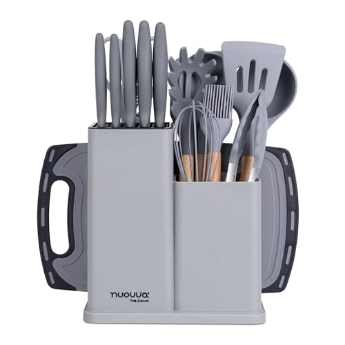 Image of Cooking Utensils Set with Chopping Board – Knife Set with Block – Heat Resistant Silicone Utensils with Wooden Handle, Spoons, Ladles & Spatula – Kitchen Tools & Accessories – 17pcs, Grey – by Nuovva