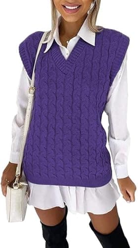 Image of WeaAll Ladies Cable Knit Sleeveless Vest Women's Knitted Jumper Tank Top Winter Chunky Sweaters Purple 12-14