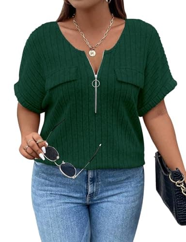 Image of Gemulate Tops for Women UK Plus Size Short Sleeve Tops Plus Size Going Out Top V Neck Zipper Shirts Women Fashion Spring Clothes Dark Green XXX-Large