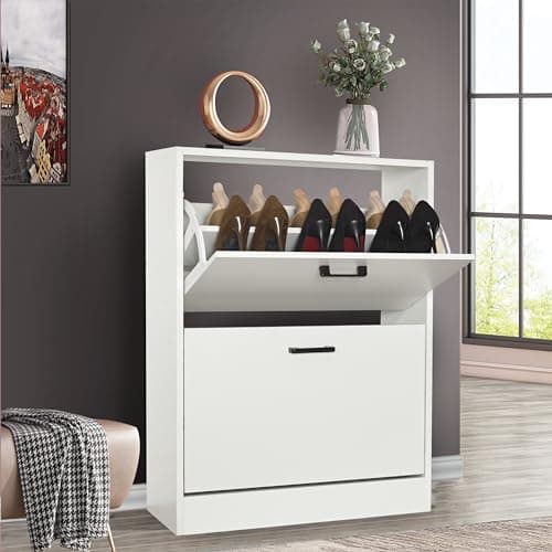 Image of Shoe Cabinet with 2 Drawer, Pull Down Wooden Shoe Storage Organizer Cupboard Shoes Rack Cabinet Freestanding Footwear Rack Stand Hallway, Entryway, Living Rooms, White, 60W x 24D x 80H cm