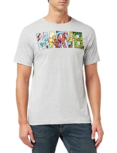 Image of MARVEL Men's Marvel Comic Strip Logo T-shirt T Shirt, Grey (Sport Grey), L UK