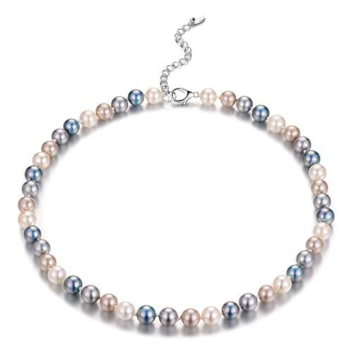 Image of BULINLIN Pearl Beaded Choker Necklace for Women, 8mm/10mm Shell Pearls Costume Strand Necklace Fashion Jewellery Birthday Gift for Her（8mm Grey blue）
