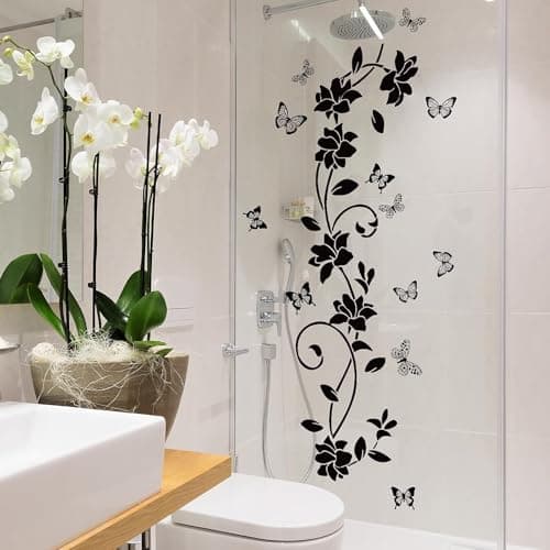 Image of Jiayaus Black Flower Wall Stickers, Butterfly Vines Wall Art Stickers, Self Adhesive Wall Decals for Living Room Bedroom Door Murals
