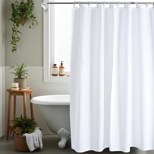 Image of AQUALONA® Premium Shower Curtain, 12 FREE HOOKS INCLUDED - Polyester, Water-repellent Coating, Rustproof Chrome Eyelets - Mildew Resistant and Weighted Hem, 180 x 180 cm (Plain White)