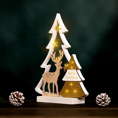 Image of Garden Mile® Battery Operated White Shabby Chic Wooden Glittering Christmas Tree & Reindeer with Warm White LED Lights Shabby Chic Xmas Christmas Festive Window Table Christmas Decoration Ornament.
