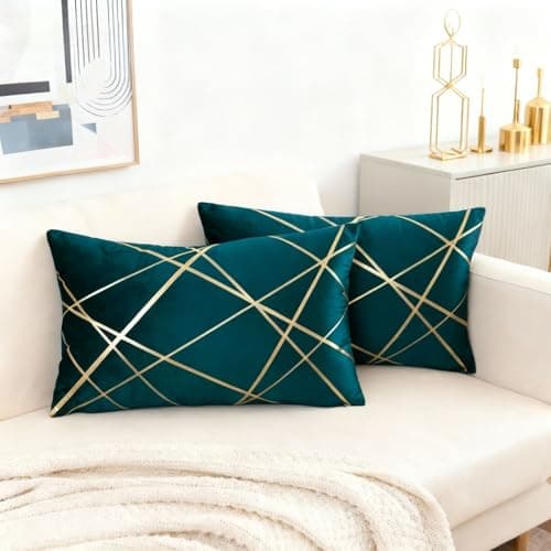 Image of Miuyunya Rectangle Cushion Covers Velvet Decorative 30 x 50 cm Teal Throw Pillow Covers Gold Striped Cushion Case Soft Lumbar Couch Pillowcases for Sofa Living Room Bedroom Sets of 2