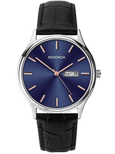 Image of Sekonda Black Leather Midnight Blue and Rose-Gold Dial Watch 1701