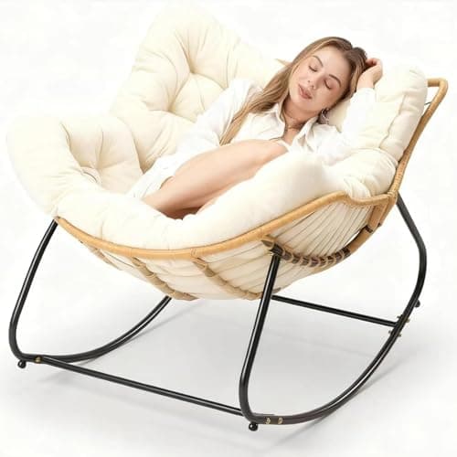 Image of Outdoor Rocking Chair – Oversized Stainless Steel Green Velvet Cushion Rocking Egg Chair for Adults and Children, Ideal for Garden, Bedroom, Living Room, Terrace, with Rattan Accents (Pink,Large)