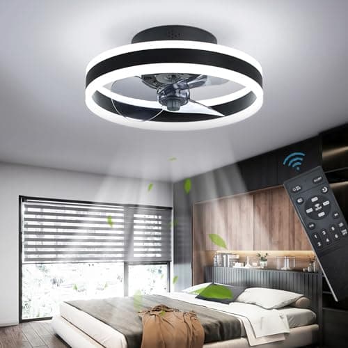 Image of OMGPFR LED Ceiling Fans with Lights Reversible Remote, 6 Speeds Modern Bedroom Fan Ceiling Light Quiet Dimmable Small Ceiling Fan Light for Living Room, Black 40CM