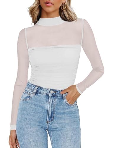 Image of Zeagoo Women Sheer Mesh Long Sleeve Ruched Mock Neck Fitted Top See Through Going Out Party Blouse Layering Shirt White L