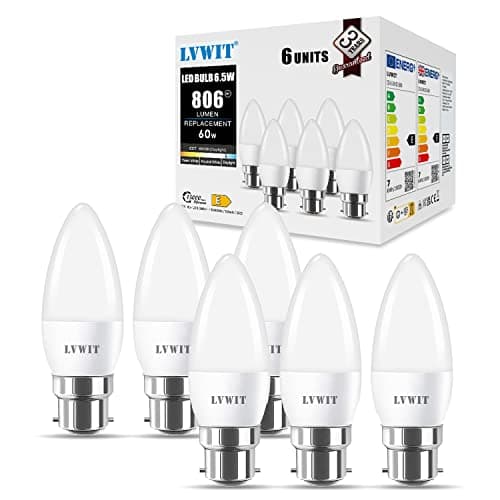 Image of LVWIT B22 Led Candle Bulb,B22 Bayonet Candle Bulb 60W Equivalent,6.5W,6500K Cold Bright White Candle Bulbs Bayonet, 806Lm,240 Degree Angle,220-240V,Non-Dimmable (Pack of 6)