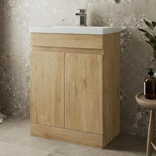 Image of Artis® Centro 600mm Bathroom Vanity Unit Ceramic Basin Sink, Cloakroom Storage Furniture Cabinet, Floorstanding Cupboard Soft Close Doors, Oak
