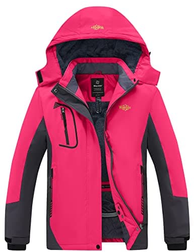Image of Wantdo Women's Mountain Ski Jacket Outdoor Windproof Sports Coat Winter Waterproof Snow Jackets Hooded Fleece Coat Rose Red XL