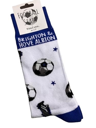Image of WHITE COTTON CARDS Brighton and Hove Albion Football Club FC Seagulls - BOLD COLOUR Football Fan Novelty Socks. Size UK Small 2-7 (S-FB46-S)