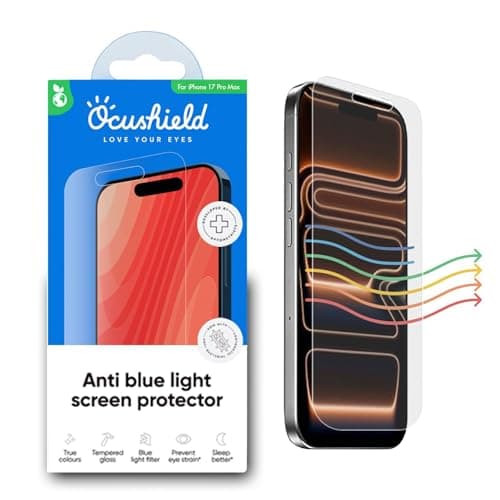 Image of Ocushield Anti Blue Light Screen Protector for iPhone 17 Pro Max (6.9") - 9H Tempered Glass Filter Blocks UV & Blue Light, Anti-Bacterial, Designed by UK Optometrists