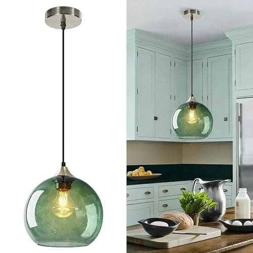 Image of Bravsekai Large Gray Green Glass Pendant Light for Kitchen Island, Includes Extra Bulb &1.5m Adjustable Cord, Modern Pendant Lighting Fixtures for Kitchen, Dining Room, Living Room(23cm, 1-Pack)