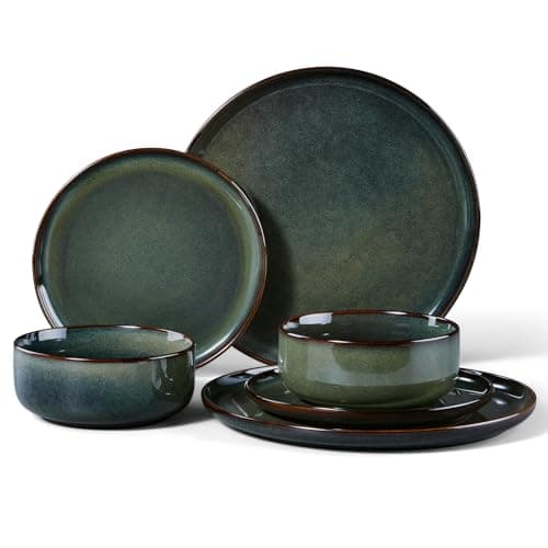 Image of HaWare 6 Piece Dinner Set, Stoneware Dinnerware Service for 2, Reactive Glaze Dining Ware Include Plates and Bowls, Chip and Scratch Resistant, Microwave & Dishwasher Safe, Moss Green