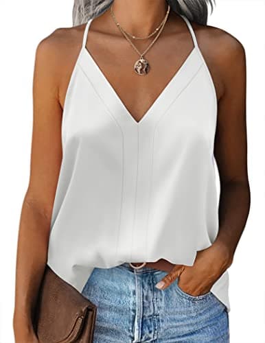 Image of Zeagoo Women Silk Tank Tops V Neck Casual Cami Sleeveless Camisole Blouses Stain Tank Shirt Loose Summer Basic Tops Plain Basic Tank Cami Shirt White S White S