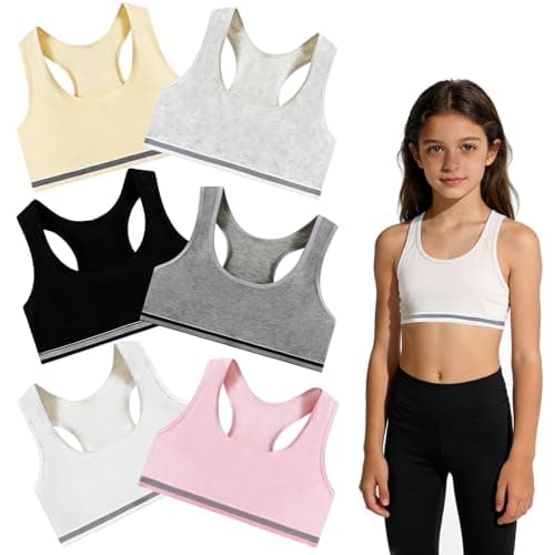 Image of Hocklliy 6 Pack Crop Tops for Girls, Comfortable Cotton Girls Sports Bra, Unpadded Wireless Training Bras for Age 10-12