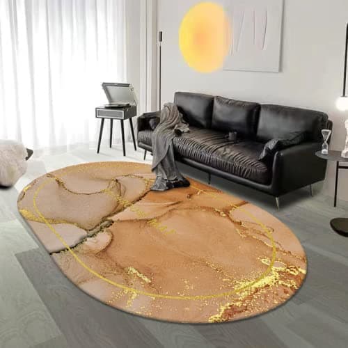 Image of LONGSAO Modern Oval Area Rug Living Room Rugs Traditional Unique Carpets Anti Slip Washable Rugs Floor Mat Geometric yellow-brown-golden crackle，80 x 200 cm