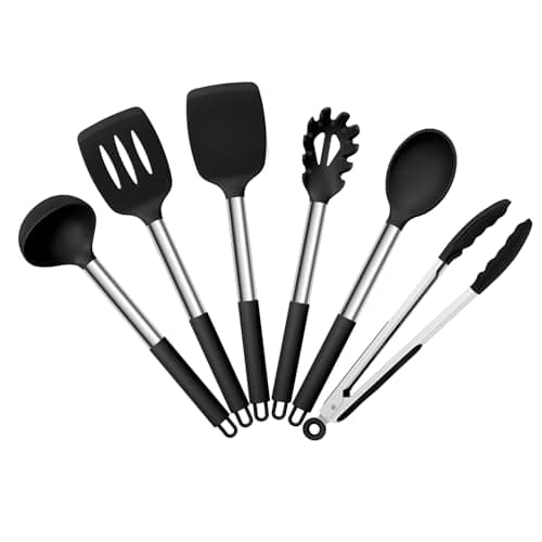 Image of HaWare Kitchen Utensils Set, 6 Pcs Silicone Cooking Utensils Set with Stainless Steel Handle, Non-Stick Cooking Tools Turner Spatula Spoon Tong, Heat Resistant & Non-Scratch, Dishwasher Safe-Black