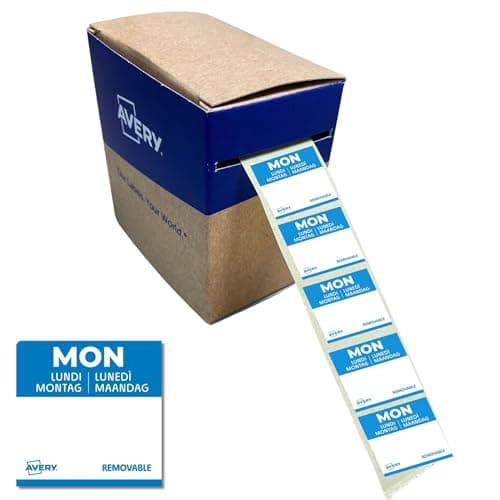 Image of Avery Removable, Hand Writable, Food Day Labels, Monday, Strong Adhesive, 25 x 25 mm, Blue, 1000 Labels, Preprinted Design (DLSMONREV-1000)