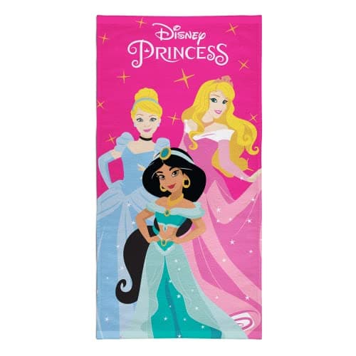 Image of Disney Princess Bath Beach Towel for Girls – 100% Cotton, 140x70cm – Pink Towel Featuring Cinderella, Jasmine & Aurora – Soft & Absorbent Kids Towel for Swimming, Holidays & Bath Time