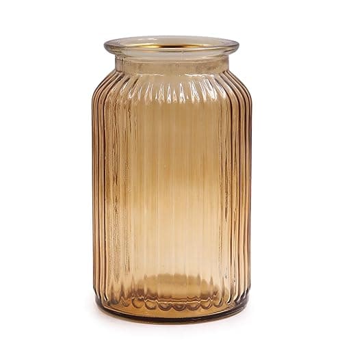 Image of OFFIDIX Glass Vase, Modern Minimalist Style Vertical Stripe Column Flower Vase for Office, Home, Party and Wedding Decoration (Brown)