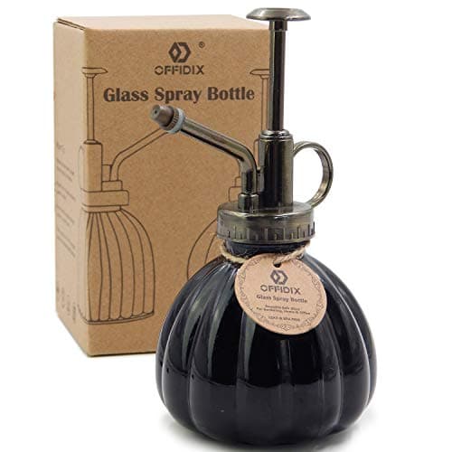 Image of OFFIDIX Plant Mister Flower Watering Can, 6.3" Tall Vintage Pumpkin Style Black Color Glass Spray Bottle & Bronze Plastic Top Pump Ideal for Watering Small Plants Inside Home or Office