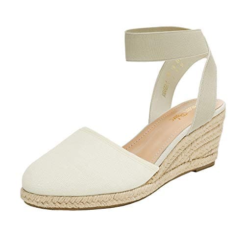 Image of DREAM PAIRS Womens Espadrille Wedge Sandals Slingback Mid Heel Elastic Ankle Strap Closed Toe Summer Wedding Party Holiday,Size 7.5,Beige/White,AMANDA-1
