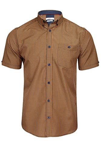 Image of Xact Men's Gingham Check Shirt with Button-Down Collar - Short Sleeved (Apricot/Navy) XXL