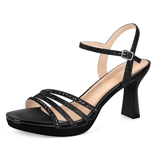 Image of PIZZ ANNU Womens Sandals Glitter Sparkly Rhinestones High Heels for Women Platform Ankle Strap Ladies Summer Shoes Wedding Evening Party Black Size 9