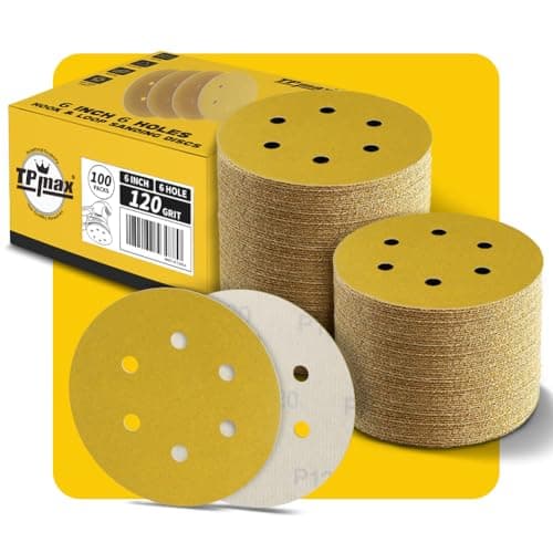 Image of 100PCS 150mm 120 Grit 6 inch 6 Hole Sanding Discs Sandpaper - Premium Gold Round Hook and Loop for Random Orbital Sander - Ideal for Wood, Metal, Automotive