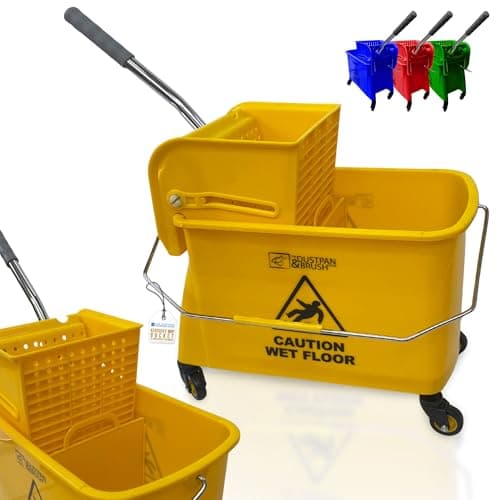 Image of Kentucky Floor Mop Bucket on Wheels - Large Capacity Commercial Industrial Floor Mop Bucket with Wringer and Carry Handle - Ideal for Warehouse, Hotel, Office, School Use - Yellow