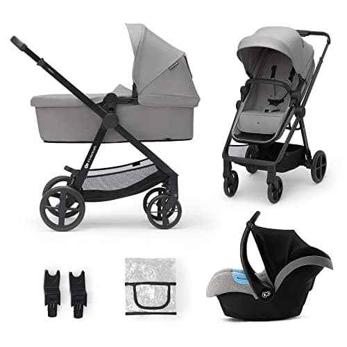 Image of Kinderkraft Newly 4 in 1, Stroller, Pushchair, Travel System, Pram, Newborn Baby, Large Hood, Accessories, Easy Folding, Included Car Seat with ISOFIX Base, from Birth up to 22 kg, Gray