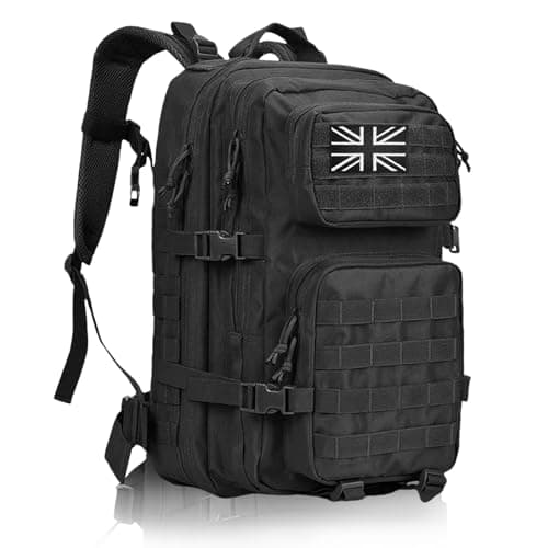 Image of Geebymol 45L Military Tactical Backpacks Large Molle Army Assault Pack 3 Day Bug Out Bag Laptop Bag for Hiking Treeking Black Hunting Rucksack with 4 Flag Patches (Black)