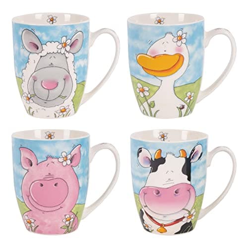 Image of YöL Set Of 4 Mugs Farm Animals Porcelain Mug Coffee Tea Cup Multicolour 11oz Pink Blue Home Kitchen