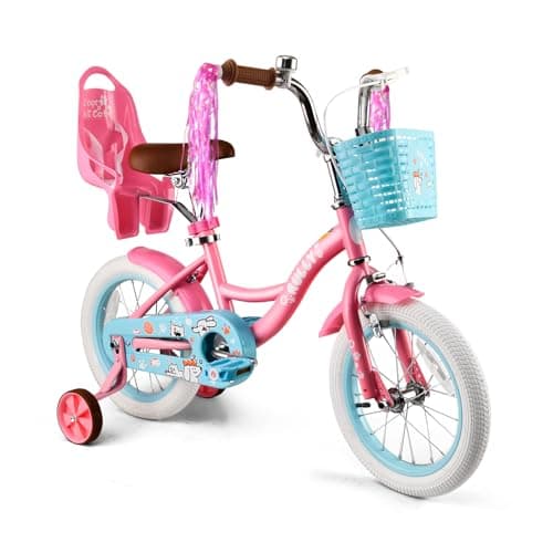 Image of RULLY 14 Inch Girls Bike with Training Wheels, Pink Kids Bicycle with Basket & Doll Seat for 3 4 5 Years Old Toddlers, Children's Bicycle for Beginners