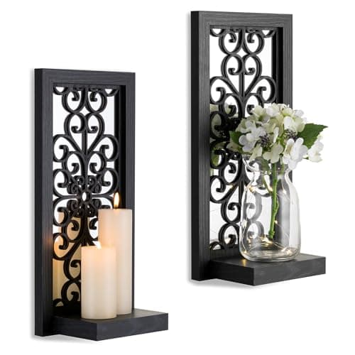 Image of Walasis Candle Sconces Black Wall Art: Set of 2 Wooden Wall Candle Holders Gothic Home Decor with Acrylic Mirror for Bathroom Bedroom Hallway