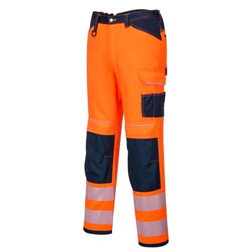 Image of Portwest PW340 PW3 Men's Hi-Vis Cargo Work Trousers with Knee Pads and Pockets - Reflective High Viz Outdoor Safety Workwear, Orange/Navy, 44