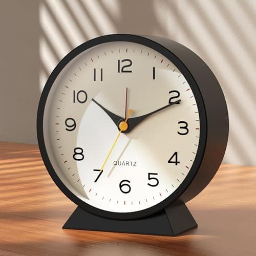 Image of AYRELY®4.5" Analogue Alarm Clock, Small Retro Metal Desk Clock, Battery Operated, Silent and Non-Ticking, with Night Light for Bedside, Bedroom, and Living Room Decor (Black)