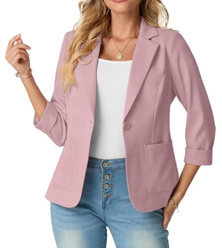 Image of GRECERELLE Womens Blazer Suit Elegant 3/4 Sleeve Notch Lapels Collar Jackets Business Work Office Cardigans Jacket Suiting & Blazers with Pockets Button for Ladies (Pink, 16)